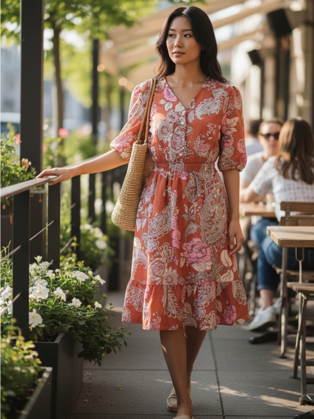 NWOT Grace Karin Terracotta Pink Paisley V-Neck Ruffle Midi Dress